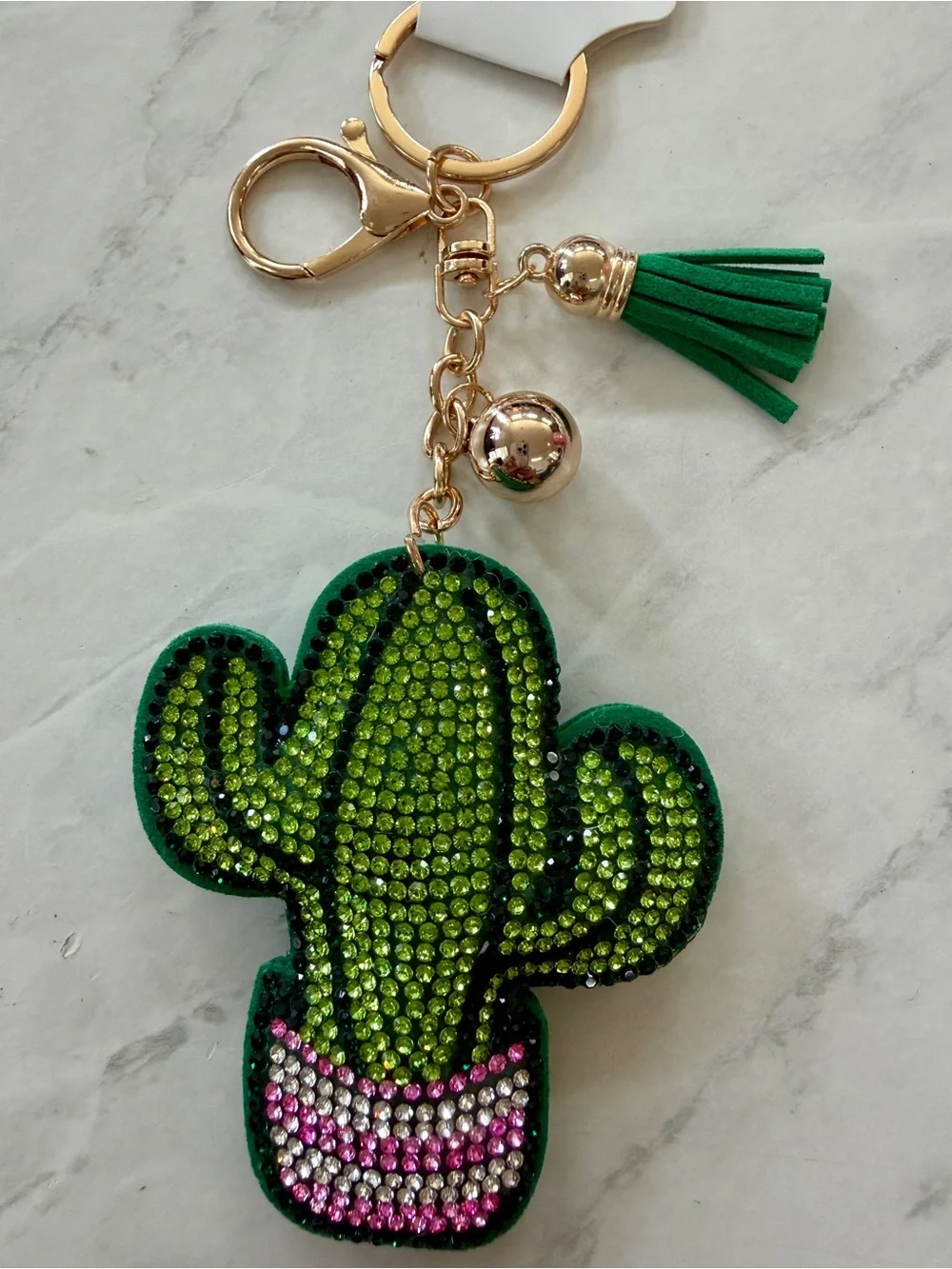 Green Cactus Crystal Tassel Keychain - Women's Accessories